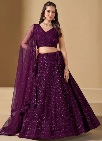 Mesmerizing Wine colored Georgette Lehenga with sequin and thread embroidery work.